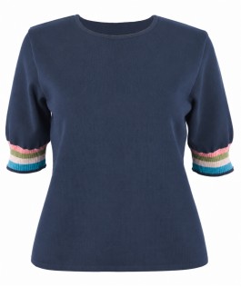 Bluză din lână dark denim-manșeta multicolor